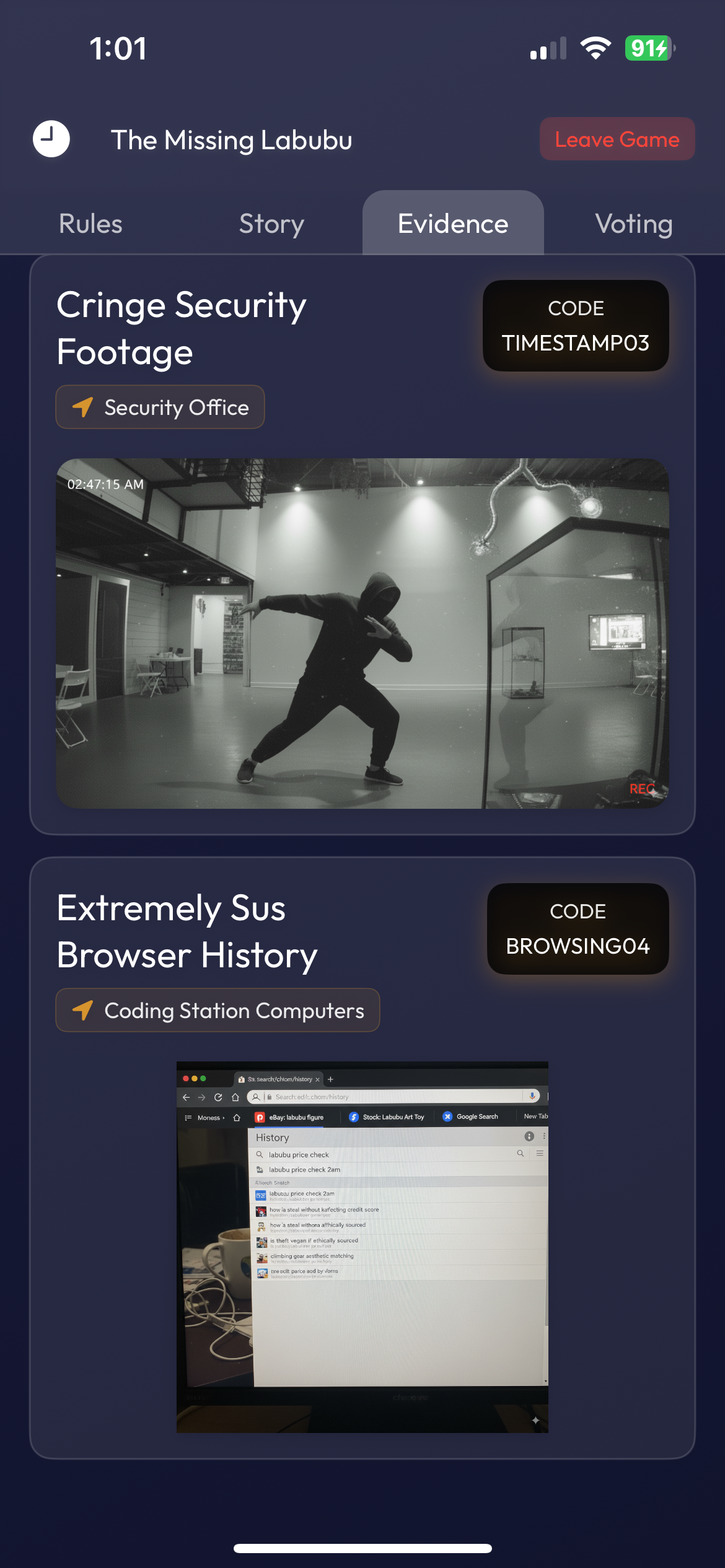 Parlor Evidence Board Interface